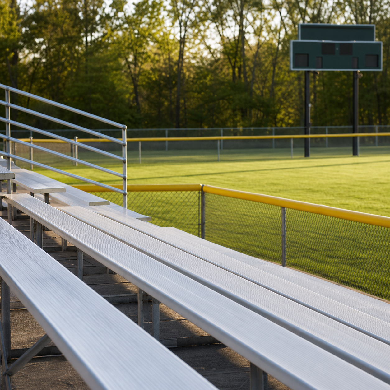 Empty aluminum bleachers beside a sunlit field and scoreboard at golden hour